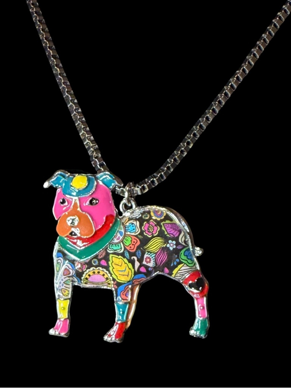 Metal Pit Bull Pendant Adjustable Necklace with Multicolor Enamel Accents